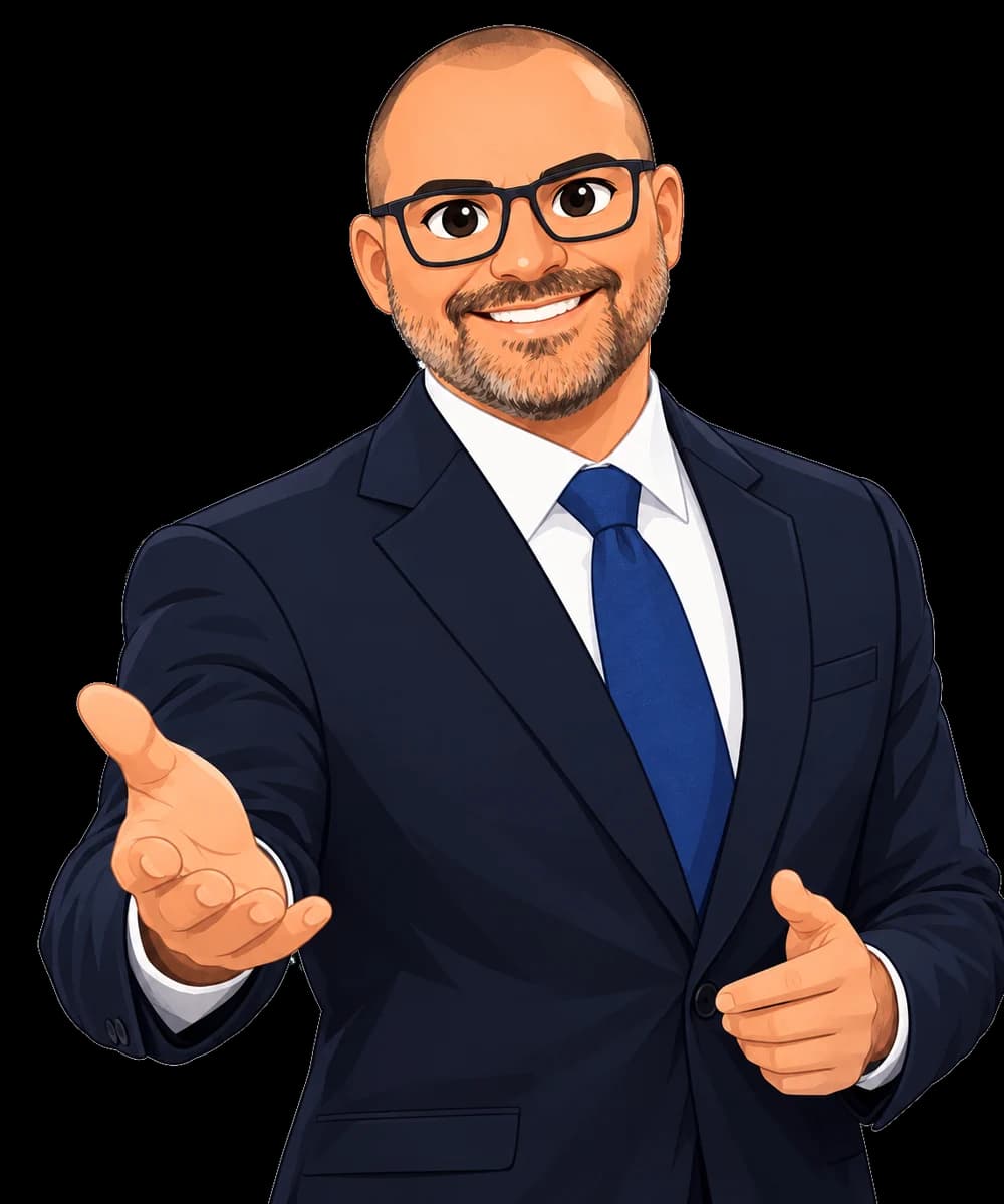 Illustrated AskGeorge assistant with an inviting gesture
